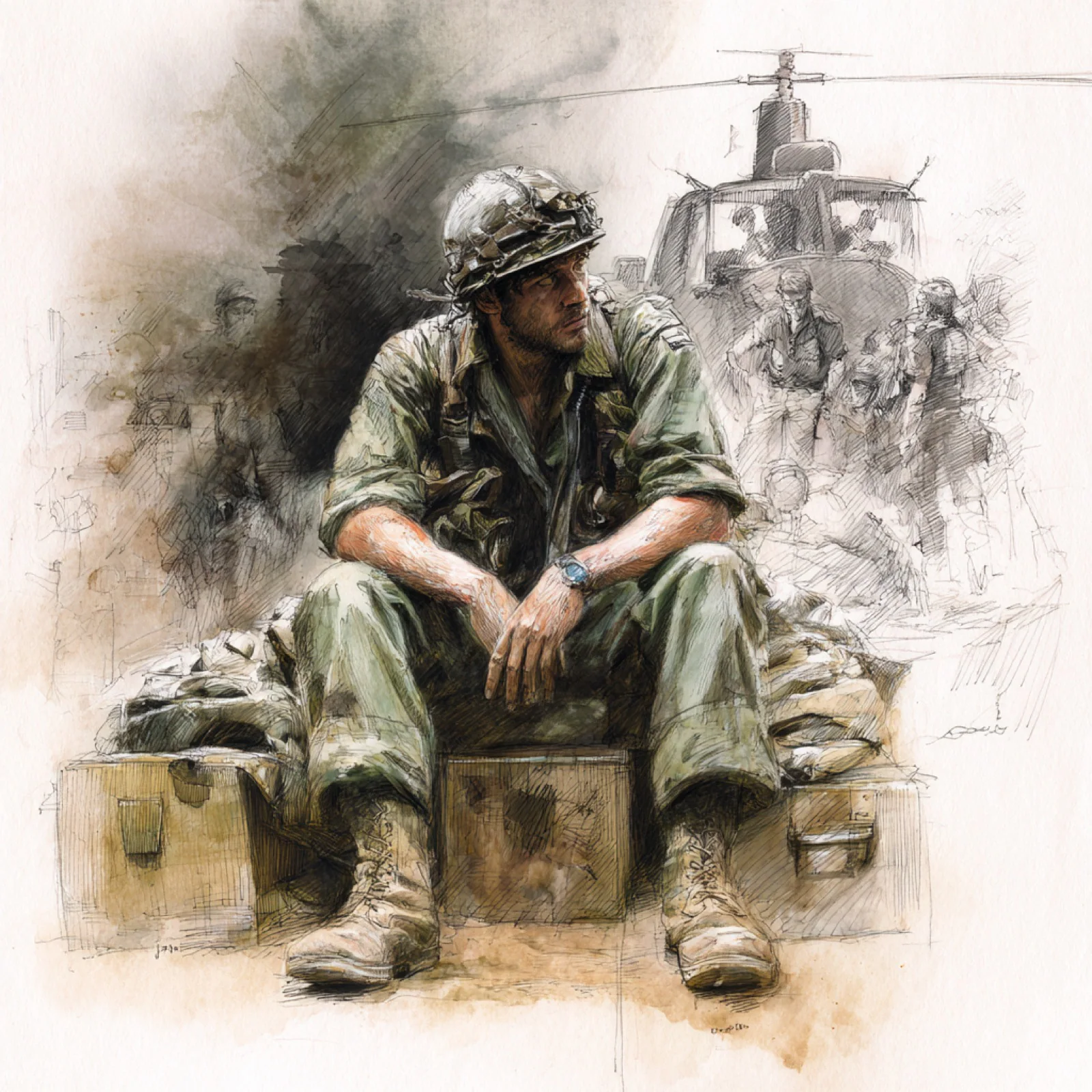 An exhausted soldier sits alone on an ammunition crate after combat