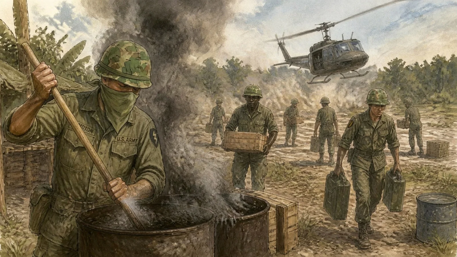 Soldiers carry supplies and work beside a helicopter in a smoky field