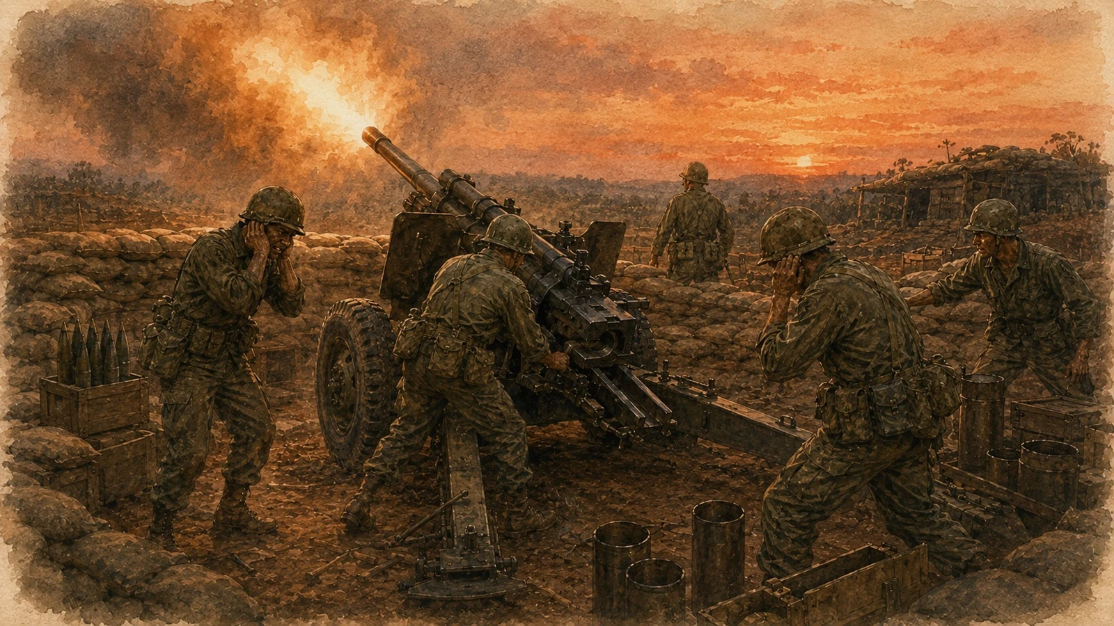 An artillery crew working around a field gun as it fires at sunset