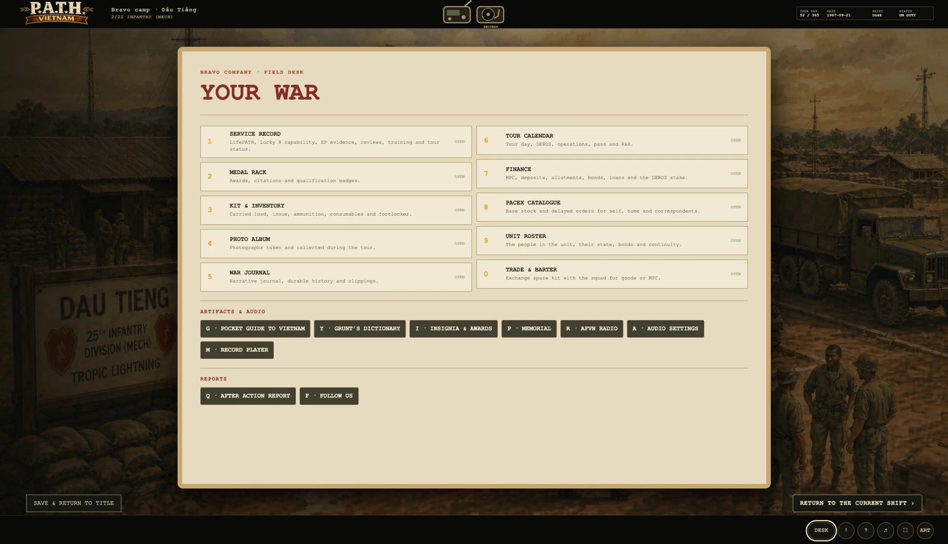 The Field Desk showing its list of game screens and activities.