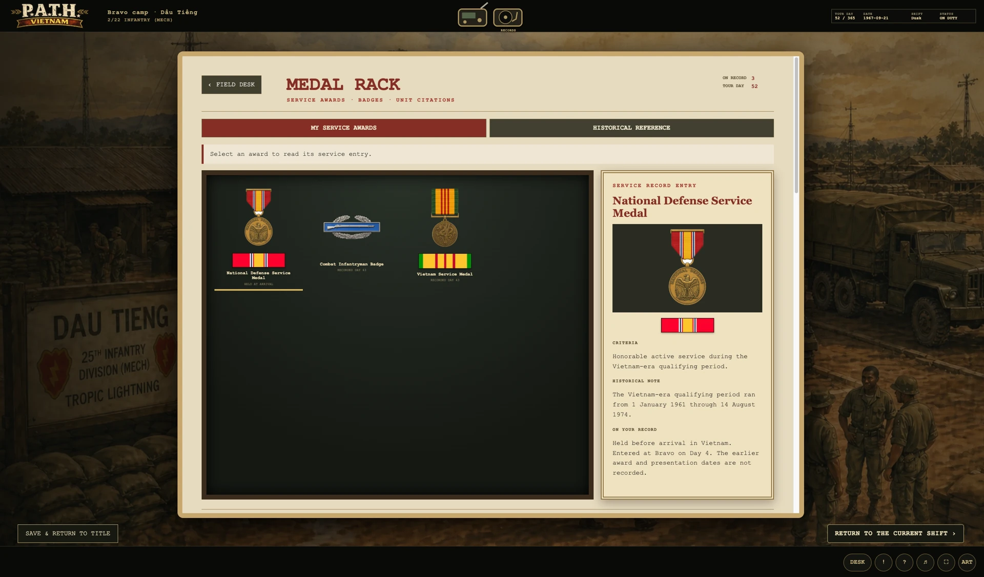 The game’s medal and ribbon display with service-record information.