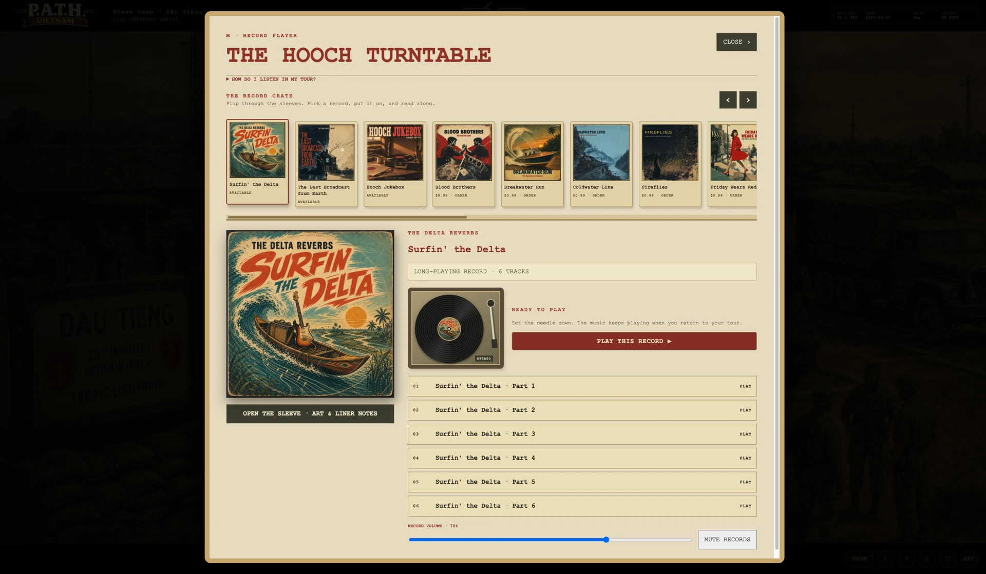 The record-player album browser and listening controls.