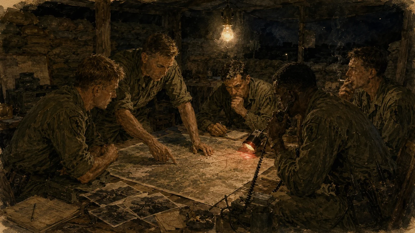 Soldiers examining a map around a lamp-lit planning table