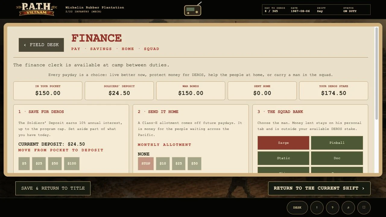 Pay & savings screen from the game