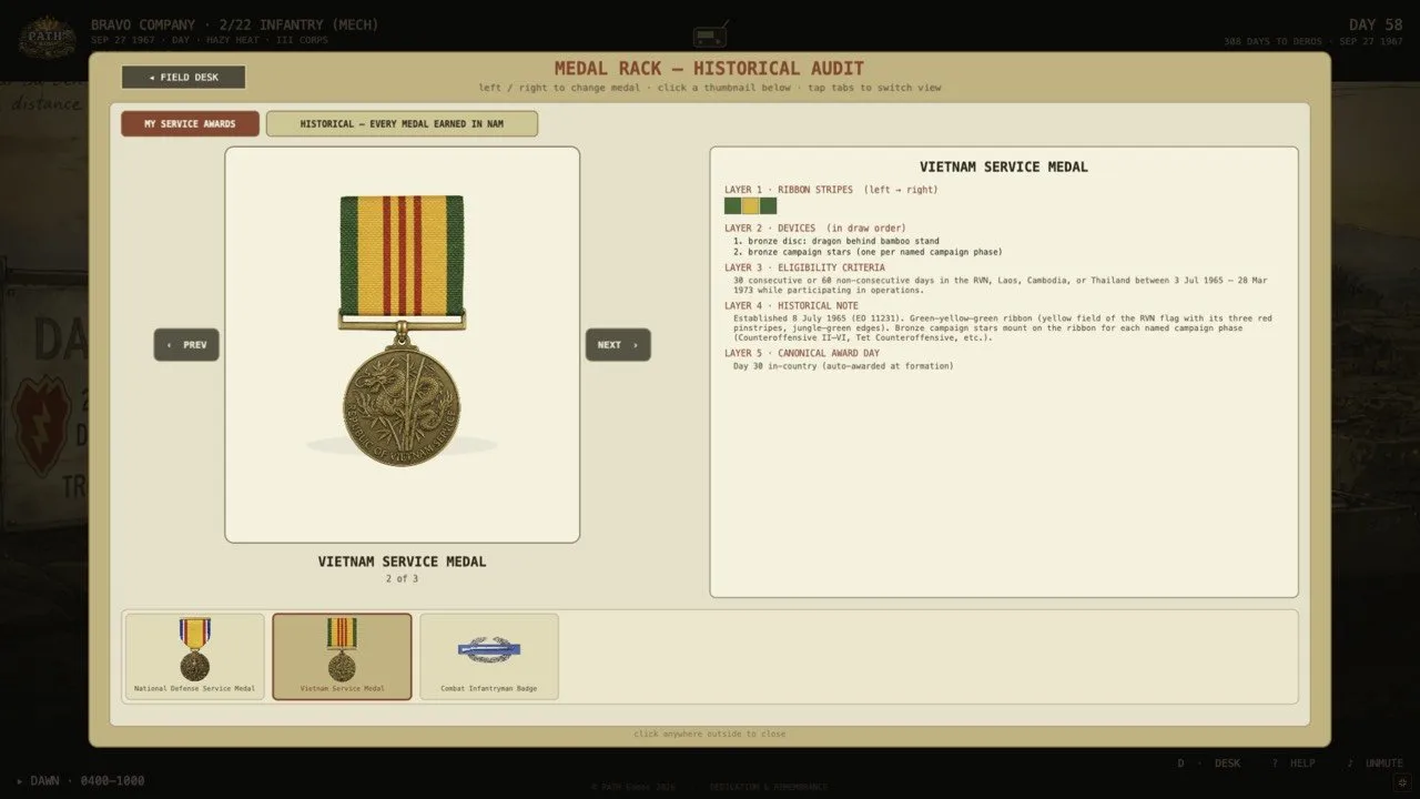 Medals and ribbons screen from the game
