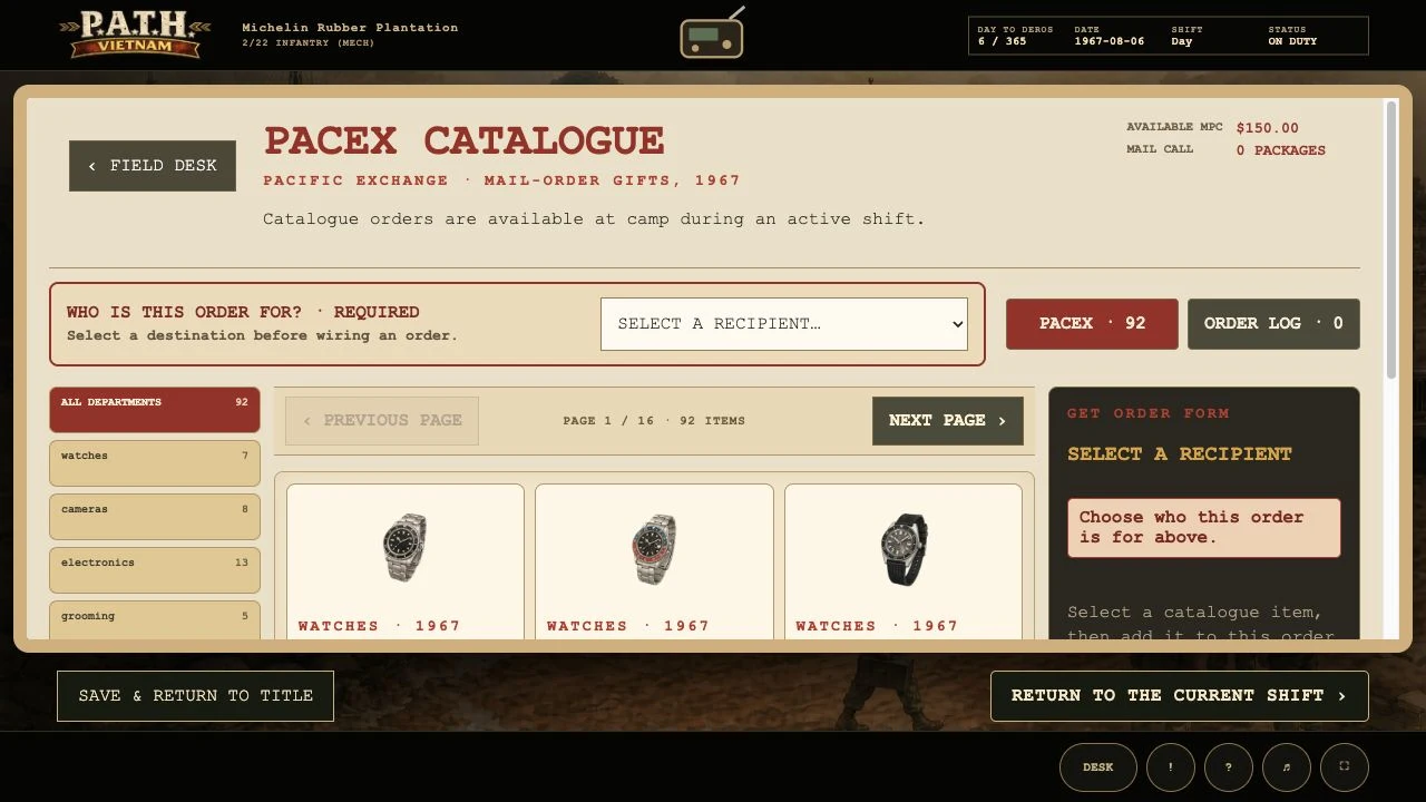 The PACEX catalogue screen from the game